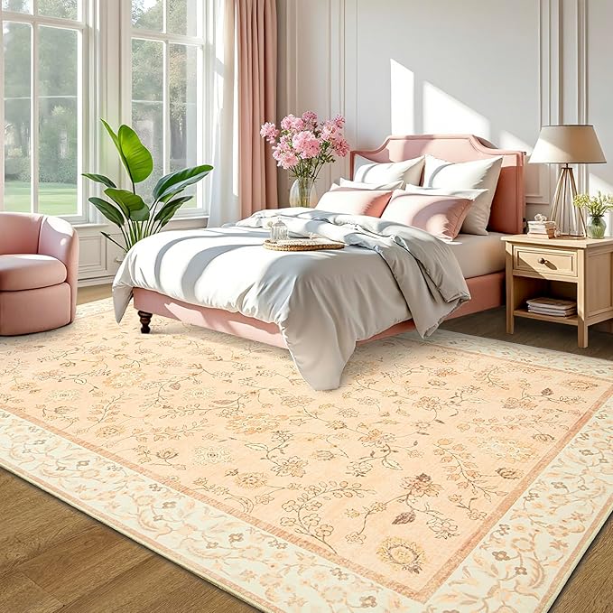 LOCHAS Washable Area Rugs 6x9, Peach Floral Rug for Living Room Bedroom Non Slip, Ultra Soft Vintage Indoor Carpet for Kids, Nursery, Dorm, Dining Room, Classroom, Boho Flower Home Decor, Low-Pile