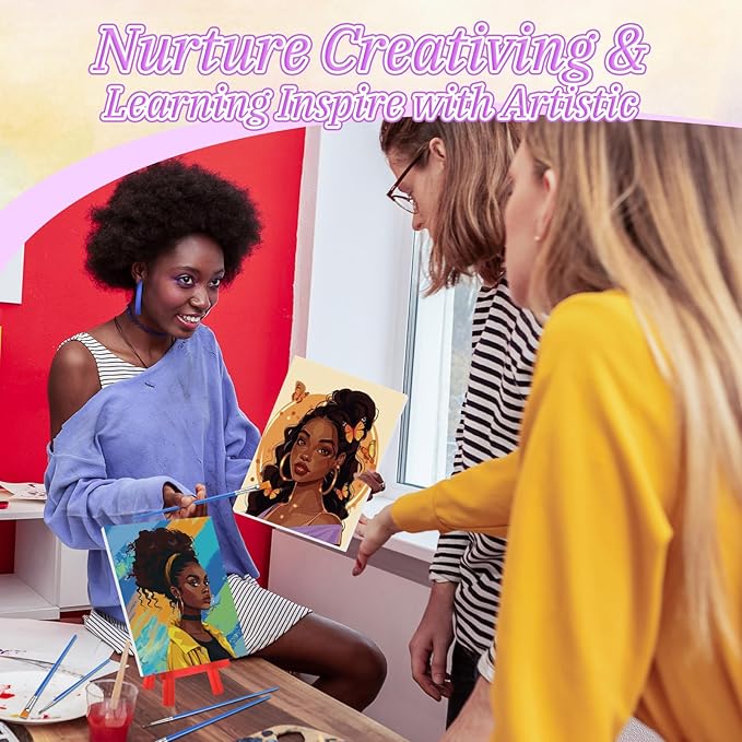 Blosssound 10 Set Pre Printed Canvas Pre Drawn Canvas Painting with Easel Kits 5" x 7" Outline Painting Panels for Beginners, DIY Craft Project, Party Favor, Home Decors(Black Women)