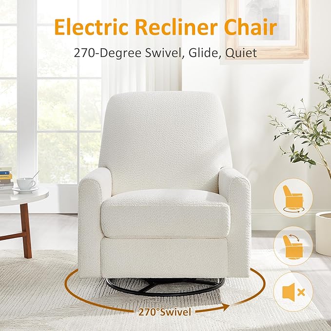 Power Swivel Glider Recliner Chair, Electric Nursery Rocker Recliner Chair, USB & Type-C Charger, Boucle White