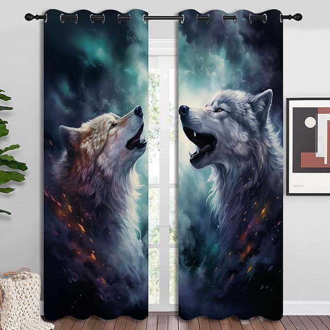 Forest Wildlife Blackout Curtains for Boys Girl Bedroom Decor,Blue Fantasy Starry Sky Howling Wolf Thermal Insulated Grommet Drapes Darkening Window Curtain for Living Room Home 84x84 inch