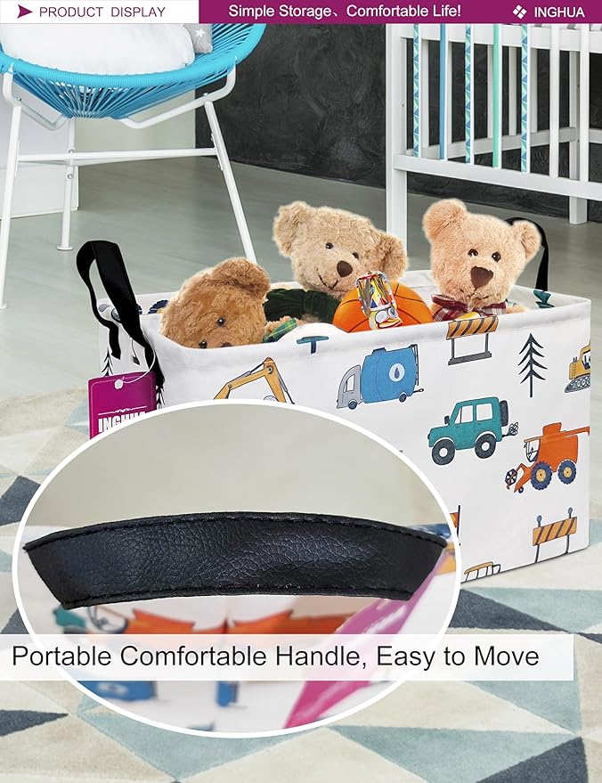 Rectangular Storage Basket Fabric Organizer Bin for Toys,Books,Clothes,Gifts,Pets-Perfect for Home,Office,Nursery,Dorm,Shelf(Rec-Vehicles)