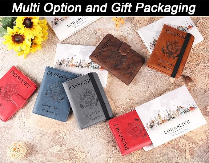 Passport Holder Cover Wallet Travel Essentials Leather Rfid Blocking Case Vacation Luggage Must Haves Travel Accessories for Men Women (120#Red)