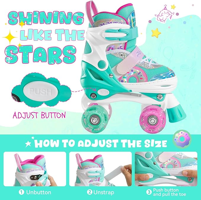PAPAISON Adjustable Roller Skates for Girls Illuminating Wheels, Kids Toddler Rollerskates Ages 4-6 5-8 8-12