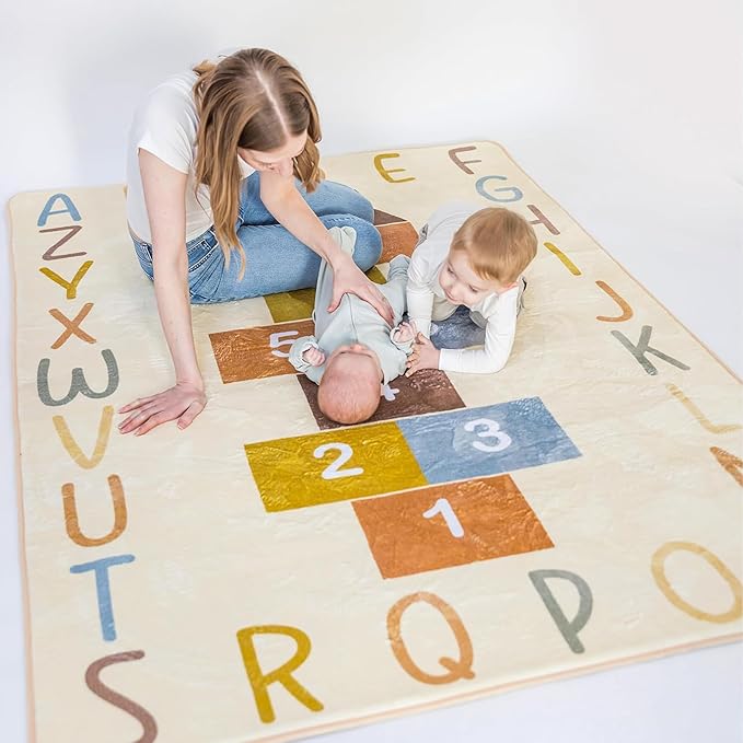 Washable Hopscotch Rug for Kids | Educational ABC & Numbers Carpet for Toddler Playroom or Classroom | 4.6' x 6.5' Non-Slip Play Mat | Neutral Decor