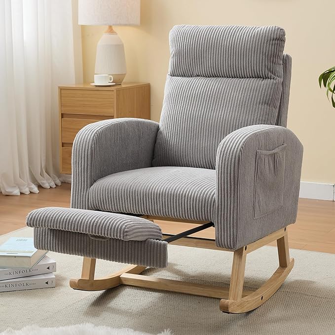 NIOIIKIT Nursery Rocking Chair, Corduroy Upholstered Rocking Chair with Adjustable Footrest, Tufted Rocker Chair with Side Pocket, Glider Rocker for Living Room, Bedroom (Gray Modern)