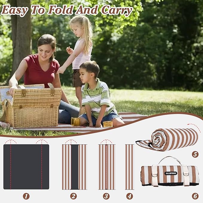 Striped Picnic Blanket Waterproof & Sand Proof, 5-Layer Beach Blanket Portable with Carry Strap, Extra Large Foldable Picnic Rug Machine Washable for Camping Party,Wet Grass,Kids Playground