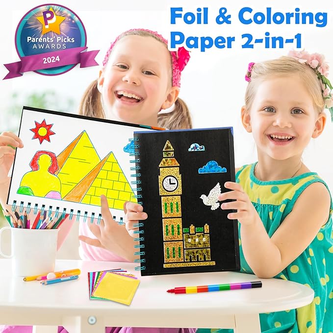 FUNNYB&G Foil Art Craft Activity for Kids - Gift for Girls Boys Crafts for Kids Fun Art Supplies DIY Creative Travel Toys, Birthday Gift Party Favor Toys for Girls 4 5 6 7 8 9 Years Old(Buildings)