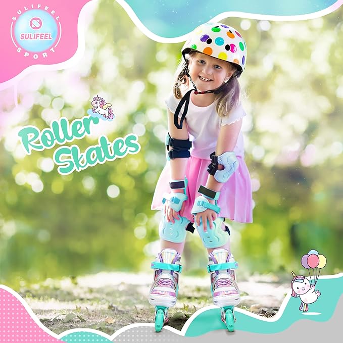 SULIFEEL Rainbow Unicorn Inline Skates for Girls Boys 4 Size Adjustable Light up Wheels Skates for Kids Beginner