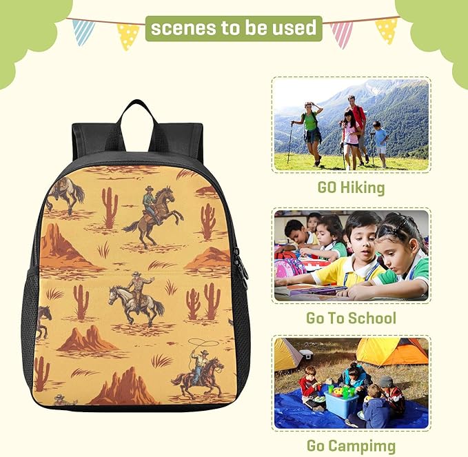 Western Desert Cowboy Toddler Backpack Waterproof Mini Backpack Boys/Girls Cute Small Backpack Kindergarten Pre School Bags 13 Inch