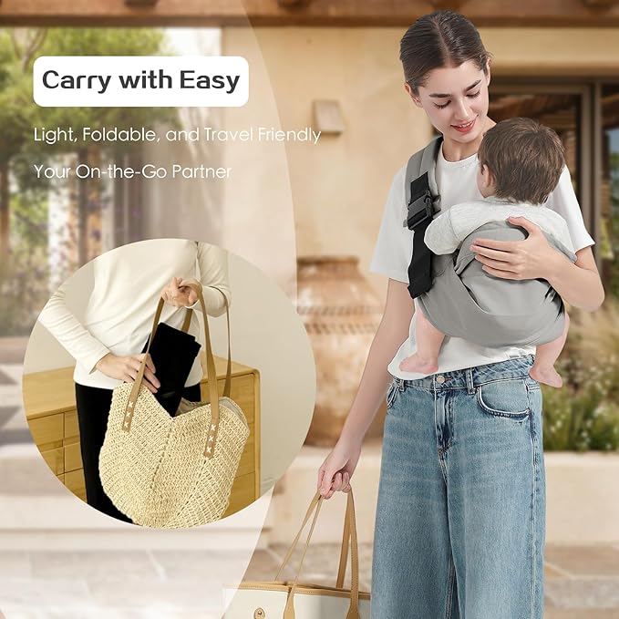 Baby Sling Carrier, Toddler Carrier Sling with Double Safety Buckle and Adjustable Shoulder Strap(7-30lbs), Baby Carriers One Size Fits All, Grey