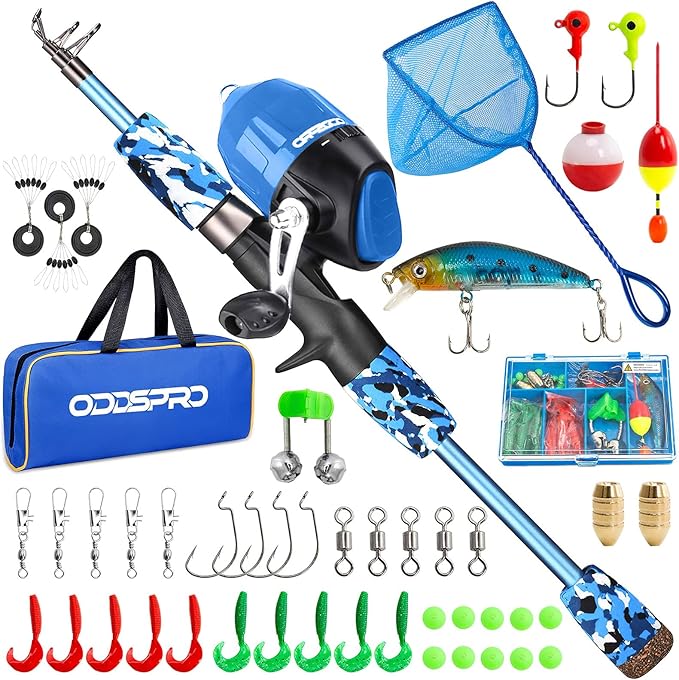 ODDSPRO Kids Fishing Pole Pink, Portable Telescopic Fishing Rod and Reel Combo Kit - with Spincast Fishing Reel Tackle Box for Girls, Youth
