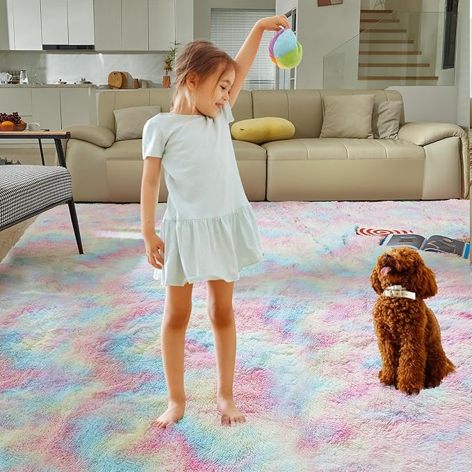 Ultra Soft Rug for Living Room, 9X12 Fluffy Shag Area Rug for Bedroom, Modern Shaggy Carpets Fuzzy Rug for Teens Dorm Nursery Home Decor Aesthetic, Upgrade Anti-Skid Durable, Rainbow