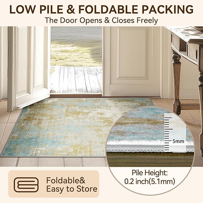 Washable Area Rugs 8'x10' Non-Slip Modern Abstract Soft for Living Room Entryway Bedroom Nursery, Print Pattern, Teal Blue Taupe
