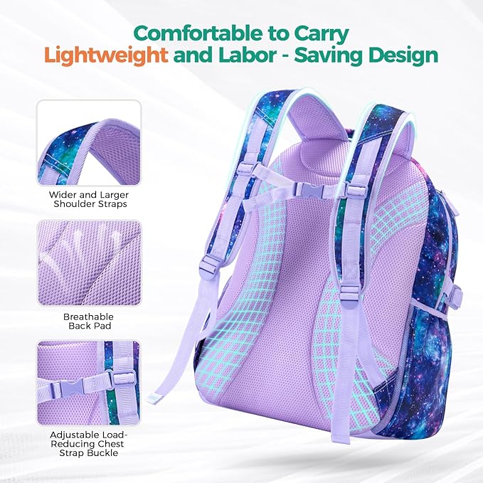 Choco Mocha Unicorn Backpack for Girls, Elementary School Backpack for Girls Ages 6-8 Kids Kindergarten Backpack Bookbag 17 Inch with Chest Strap, Planet Purple