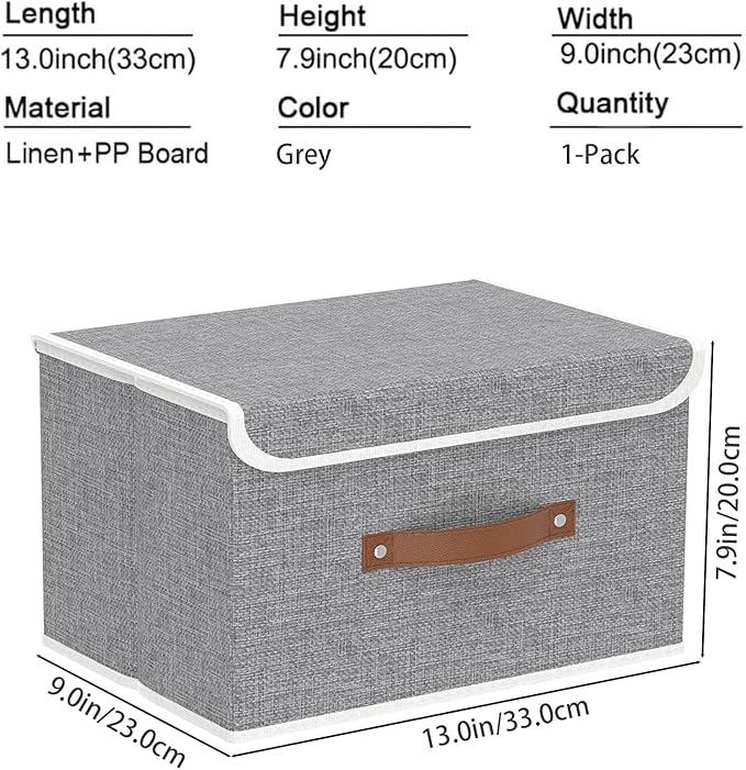 Yawinhe Collapsible Storage Boxes, Foldable Bin with Lids, Cube Clothes Organizer Basket with Handles, Grey, 13.0''Lx9.0''Wx7.9''H, 1-Pack, SNK024GS-1