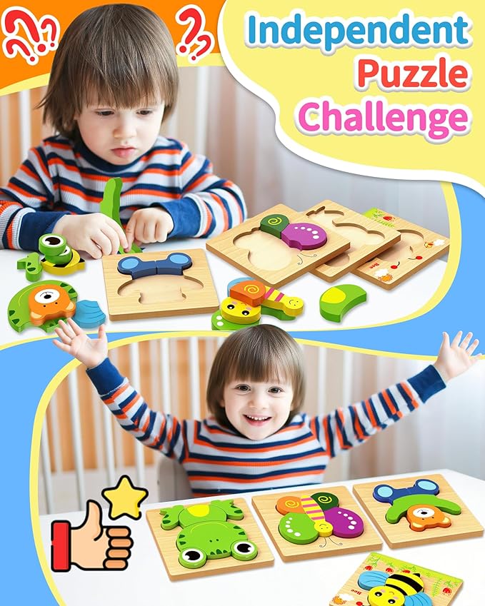 Bekayshad Wooden Puzzles Toddler Toys Gifts for 1 2 3 Year Old Boys Girls, 4 Pack Animal Jigsaw Puzzles Montessori Toys, Learning Educational Christmas Birthday Gifts for Girls Boys Ages 1-3