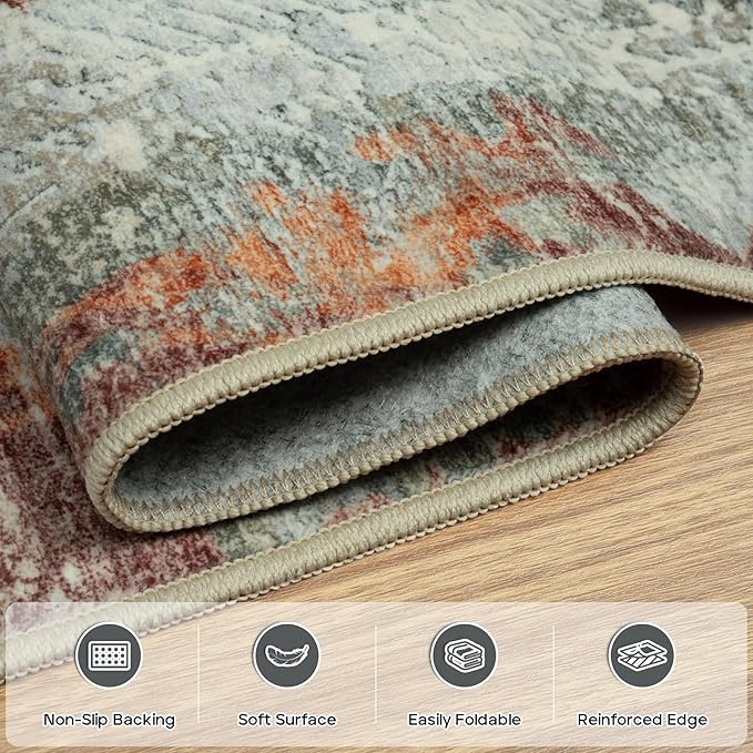 Runner Rug for Hallways Kitchen 2'6"x8' Washable, Non Slip Carpet 8ft Area Rugs Entryway Rubber Backed 8 Feet Neutral Abstract Modern Low Pile Indoor Red Brown