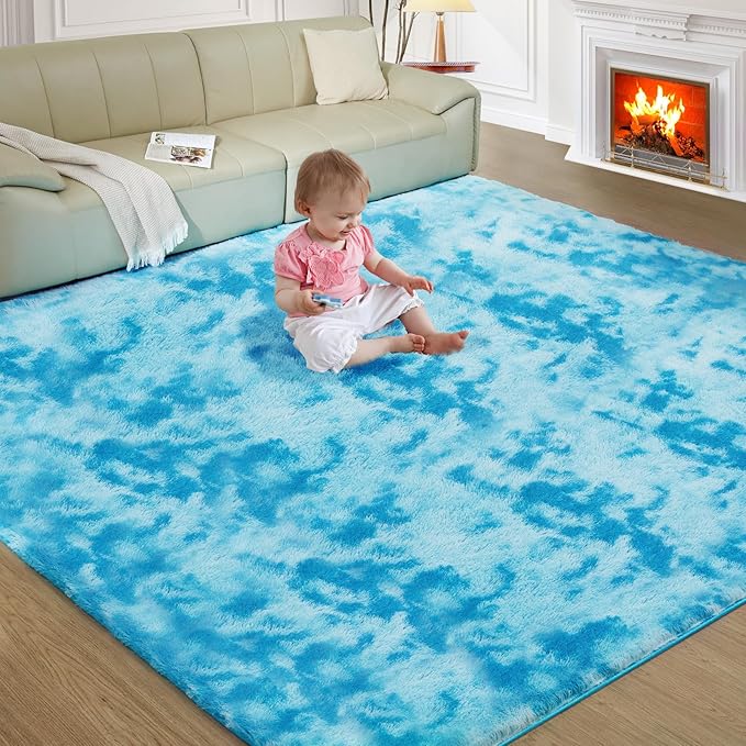 Luxury Shag Area Rug, 3X4 Indoor Ultra Soft Plush Rugs for Living Room, Carpet for Kids Boys Girls Dorm Nursery Home Decor Aesthetic, Upgrade Anti-Skid Durable, Tie-Dyed Blue