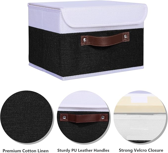 ANMINY 4PCS Storage Boxes with Lid Washable Decorative Storage Bins Basket with PU Leather Handle Foldable Linen Fabric Storage Cubes Containers for Home Closet Organizer - Black White, Small Size