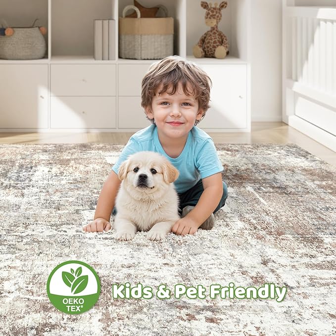 Area Rugs 9x12 Living Room: Washable Large Abstract Modern Soft Rugs Stain Resistant Indoor Floor Non Slip Accent Carpet for Bedroom Nursery Playroom Office Dining Room Dorm Home Decor- Brown