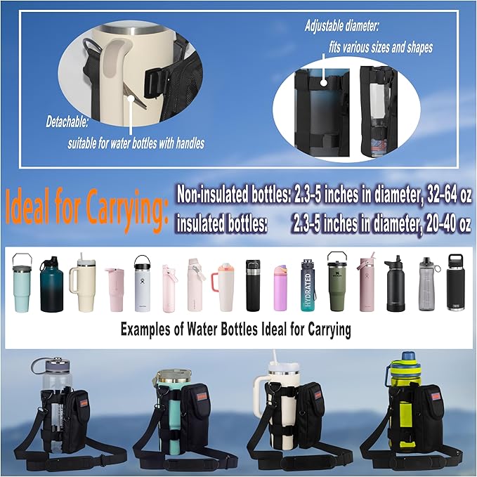 Water Bottle Holder with Strap, Shoulder & Hand Bottle Holder with Phone Pocket – Fits 32-64 oz Sports Bottles & 20-40 oz Insulated Bottles – Durable Sling Bag for Walking, Hiking, Gym