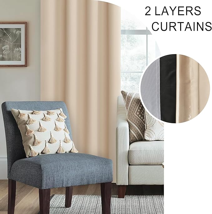 XWZO Total Blackout Curtains 84 Inches Long Rod Pocket Thermal Insulated Black Liner, Noise Reducing and Heat Blocking Drapes for Studio Windows with Tiebacks, Biscotti Beige, W42 x L84, Set of 2