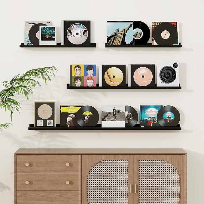 Picture Ledge Shelf, Solid Pine Wood Floating Shelves Set of 4, 16 Inches Nursery Book Shelves for Toys Storage, Kids Bookshelf Wall Mounted for Living Room Decor Photo Frames, Black