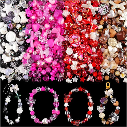 Assorted 180-240PCS Acrylic Beads for Bracelet Making, Bow Butterfly Candy Heart Gummy Bear Kawaii Aesthetic Bracelet Charms,Cute Beads for Jewelry Making DIY Necklace Keychain Phone Charm