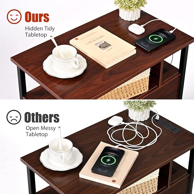 Narrow Side Tables with Charging Station, Narrow End Table with Wooden Drawers, USB Ports and Power Outlets, Nightstand and Bedside Table for Bedroom, End Tables Living Room, Espresso