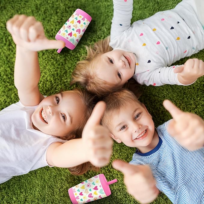 Kid Insulated Stainless Steel Tumbler with Silicone Straw, 12oz Sippy Cup for Kids (Playful Hearts)