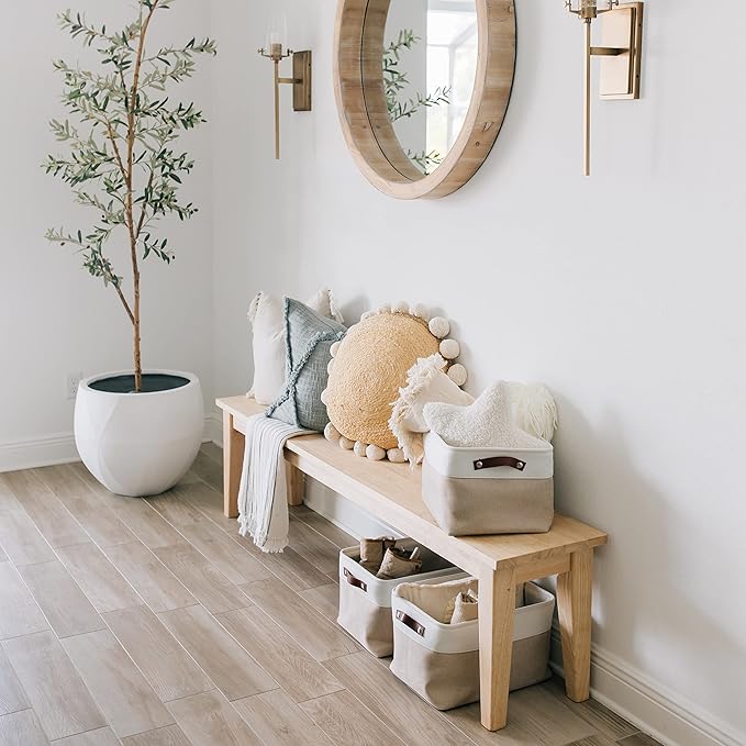 OrganiHaus Large Fabric Storage Baskets for Shelves 3 Pack, 15x11in Closet Storage Bins for Shelves, Cloth Baskets for Organizing, Linen Closet Organizers, Fabric Basket, Beige/White