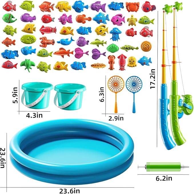Pool Fishing Toys Games, Water Table Bathtub Toy with Inflatable Pool Pole Rod Net Plastic Floating Fish, Birthday Gifts for Kids Age 3 4 5 6 Year Old,Kids Outdoor Toys