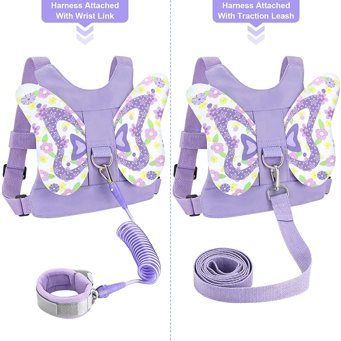 Accmor Toddler Harness Leash + Anti Lost Wrist Link, Cute Butterfly Kids Leash Wristband Assistant, Adorable Child Walking Harness Strap Adjustable Belt Protector for Baby Girls to Outdoor Travel