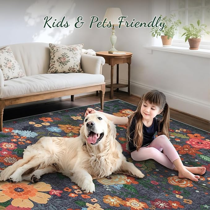 9x12 Area Rug for Living Room: Vintage Floral Washable Rug Soft Boho Non Slip Carpet Large Indoor Floor Non Shedding Low Pile Thin Carpets for Bedroom Dining Room Farmhouse Nursery Home Office Black