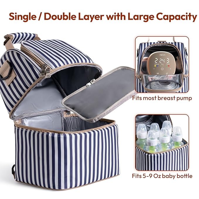 NCVI Breastmilk Cooler Bag with 2 Ice Pack, Breast Pump Bag with Cooler Fits 6 Bottles, Double Layer Breast Milk Baby Bottle Cooler Bag, for Travel, Nursing Mom Daycare, Work, Picnic (Stripe)