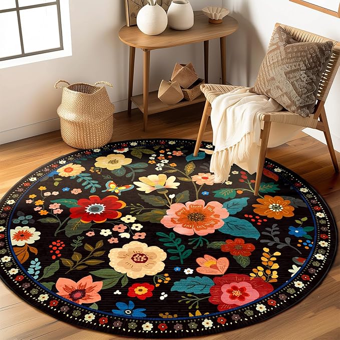 Floral 8ft Area Rug Machine Washable Soft Print Boho Carpet Non Slip Doormat Low Pile Flower Area Rugs for Living Room Bedroom Nursery Kitchen Dining Room Indoor-Black