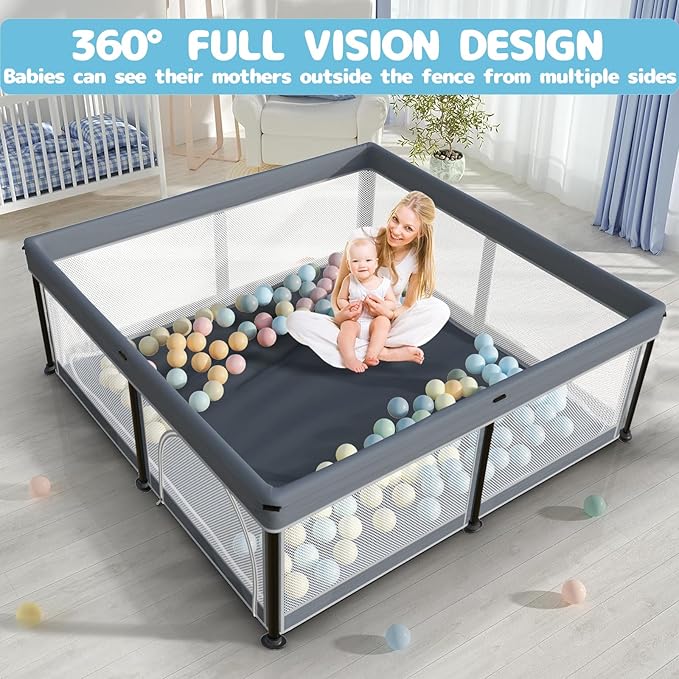 TOREVSIOR Foldable Baby Playpen with Mat, 50"×50" Collapsible Play Pen for Babies and Toddlers, Indoor & Outdoor Kids Safety Play Pen, Portable Play Yard, Foldable Baby Playpen with 50 Ocean Balls