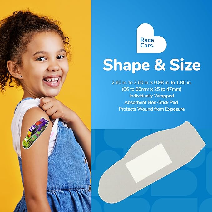 BioSwiss Bandages, Race Cars Shaped Self Adhesive Bandage, Latex Free Sterile Wound Care, Fun First Aid Kit Supplies for Kids and Adults, 24 Count