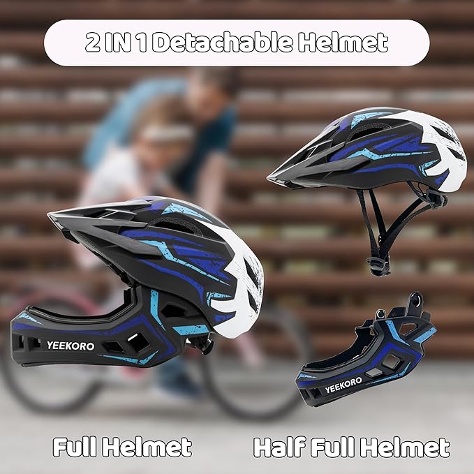 Kids Bike Helmet with Chin Guard, Adjustable Detachable Children’s Full Face Helmet for Girls and Boys, Cycling Helmets Skateboard, Scooter
