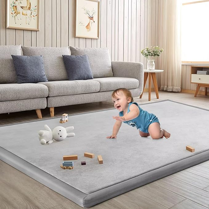 Baby Play Mat for Floor Tummy Time Mat Nursery Rug Muscle Mat Area Rug Playroom Rug Tatami Mat 79"x118" Memory Foam 1.3" Thick Crawling Mat for Babies,Toddlers, Infants, Kids(Light Gray)