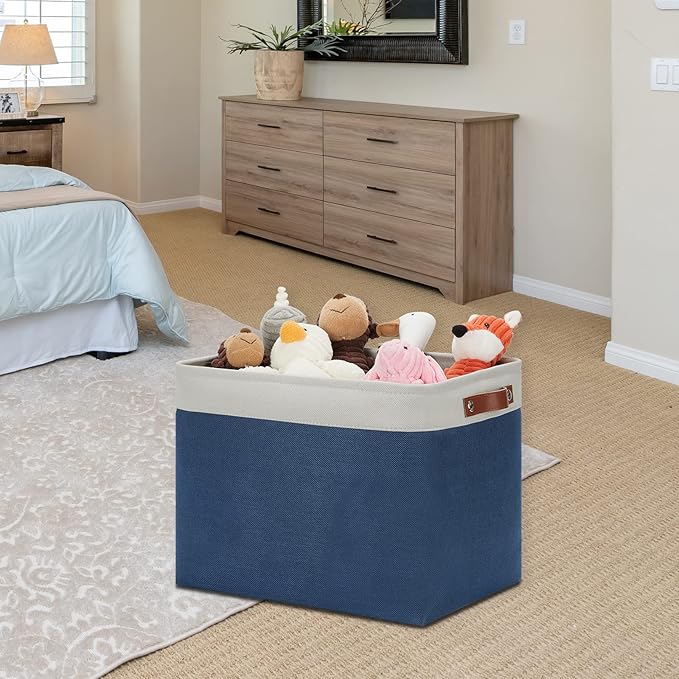 DULLEMELO Large Rectangular Baskets for Storage 16"x12"x12" [2 Pack] Collapsible Storage Baskets for Organizing Closet, Clothes, Toys (White & Blue)