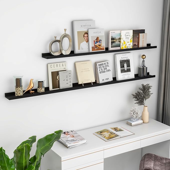 Picture Ledge Shelf, 72 inch Solid Ash Wood Floating Shelves Set of 2, Picture Ledge Ledge Wall Mounted for Living Room Kids' Room Bedroom, Color Black