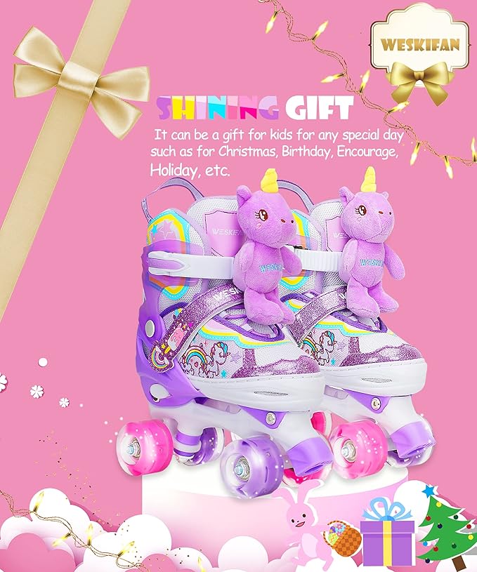 Unicorn Doll Kids Toddler Roller Skates for Girls,WESKIFAN Quad Skating Shoes with Shiny Light up Wheels&Adjustable Sizes Beginners rollerskates for Birthday Xmas Gifts,Patines para Niñas Niños