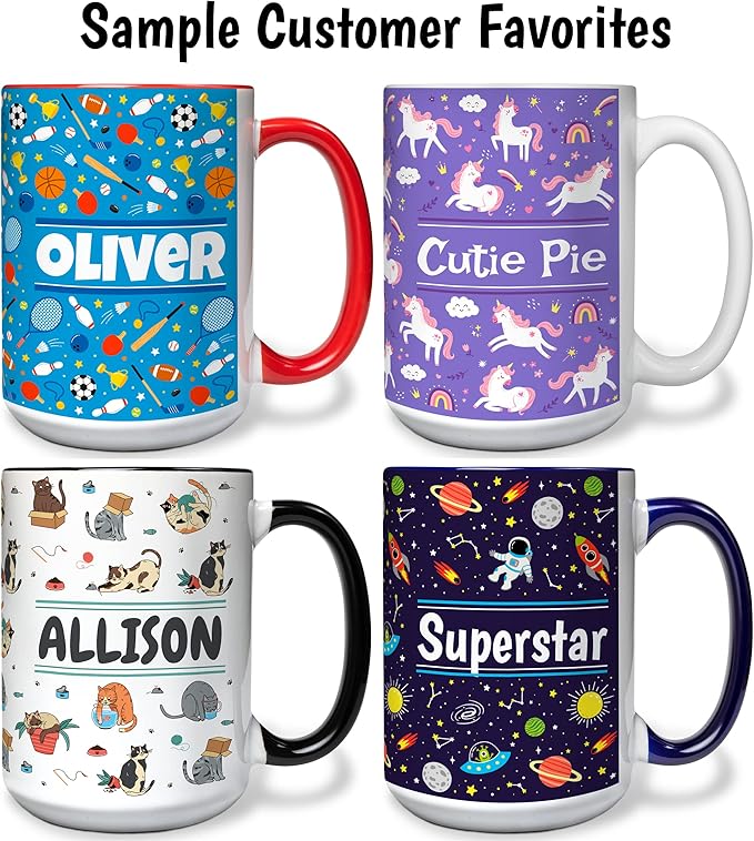 Personalized Mug for Kids - Zoo Animals - Custom Name/Text, Ceramic Hot Chocolate/Cocoa/Coffee Cup for Boys/Girls, Birthday/Christmas/Holiday Gift - 15 oz, Black Handle