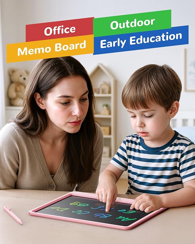 KOKODI LCD Writing Tablet, 12 Inch Colorful Toddler Doodle Board Drawing Tablet, Erasable Reusable Electronic Drawing Pads, Educational and Learning Toy for 3-6 Years Old Boy and Girls(Pink)