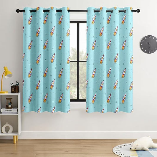 Kids Space Rockets Blackout Curtains - 100% Blackout, Thermal Insulated, Noise Reducing, Perfect for Kids Room and Nursery, 2 Panels (Aqua Mini Rockets, W52×L63)