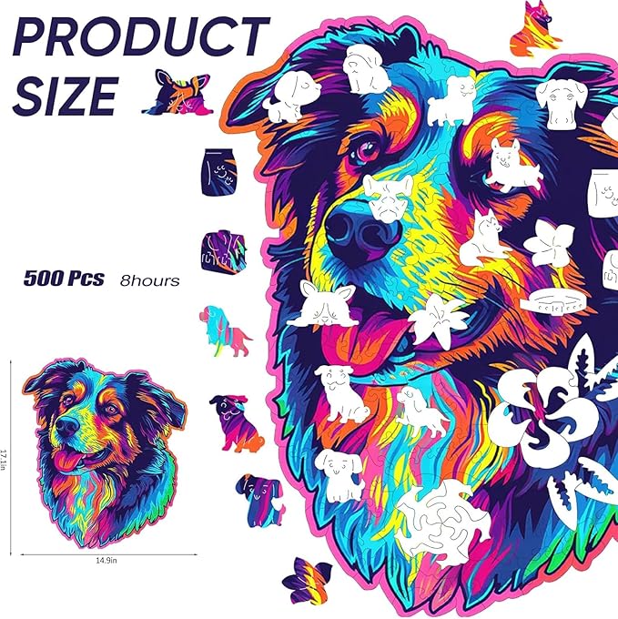 Australian Shepherd Dogs Wooden Puzzle 500pcs Stained Colorful Art Painting Wooden Puzzle for Kids Adults, Birthday Mother's Father's Day Christmas for Dad Mom Son Daughter(14.9 * 17.1in)