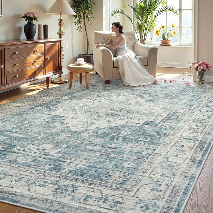 LIVEBOX Washable Area Rug 10x14 Rugs for Living Room Bedroom, Non-Slip Boho Indoor Carpet for Dining Room Office, Low-Pile Farmhouse Soft Carpets for Kids Nursery Room Playroom, Blue