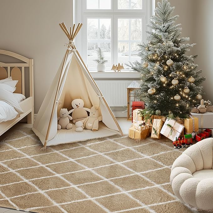 Fluffy Rug for Bedroom, 8X10Feet Stripe Checkered Rug Anti-Skid High Pile for Living Room Bedroom Kids Room Nursery, Dorm Home Decor