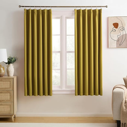 KEQIAOSUOCAI Yellow Pinch Pleated Curtains 63 Inch Length 2 Panels Set Noise Cancelling Window Drapes for Nursery Bedroom Living Room 40x63